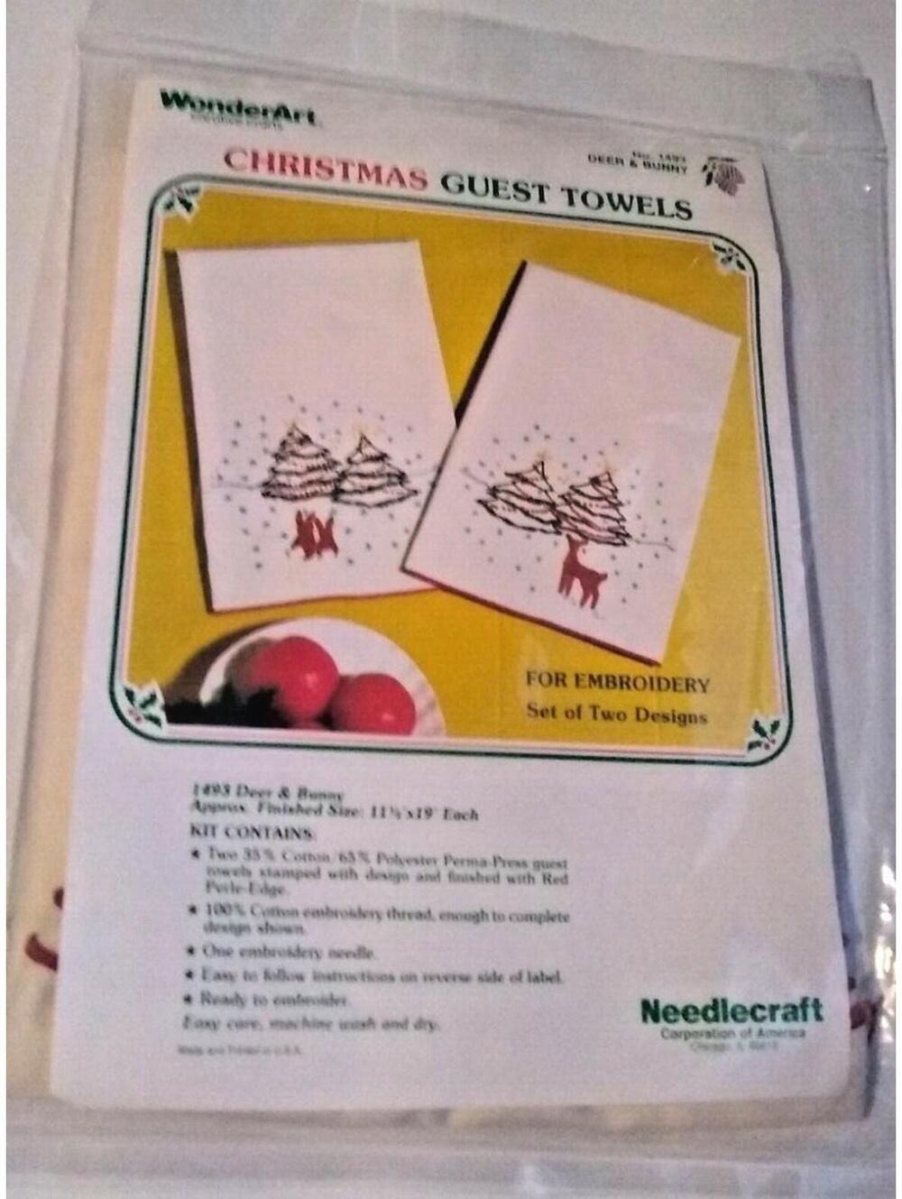 Wonderart Christmas Guest Towels No. 1493 Deer & Bunny Embroidery Set Vintage